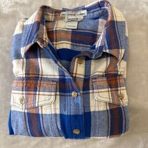 Duluth Trading Co Free Swingin Flannel Tunic Top Plaid Blue Brown Ivory L